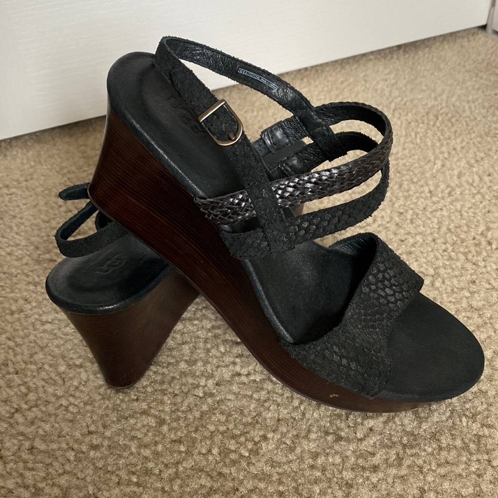 UGG Black Wedge Leather Sandals